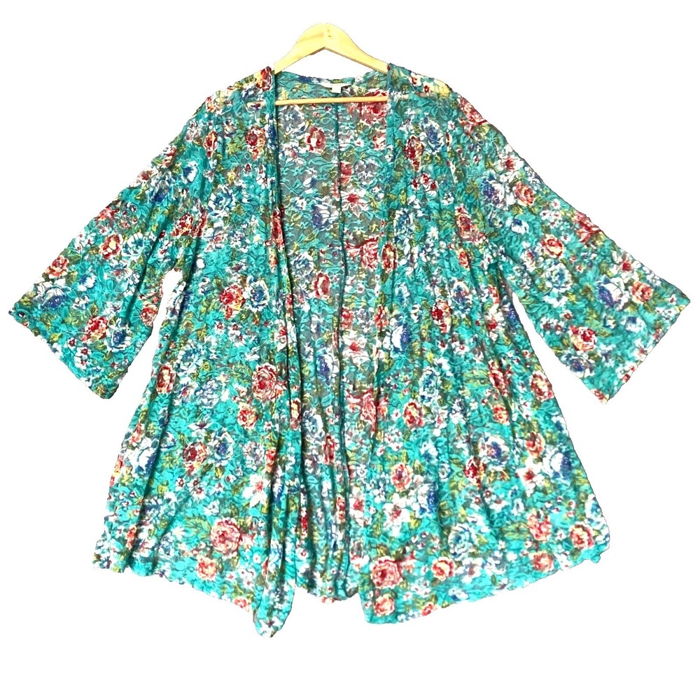 Cato‎ Teal Lace Kimono Duster Open Floral Sheer Cardigan Womens 18W 20W XXL Plus